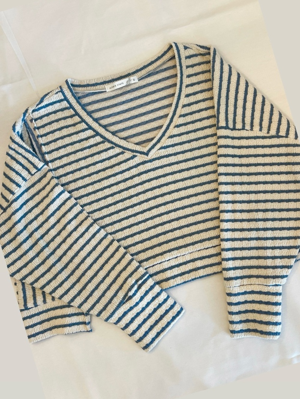 Altar'd State Blue & Cream Striped V-Neck Sweater